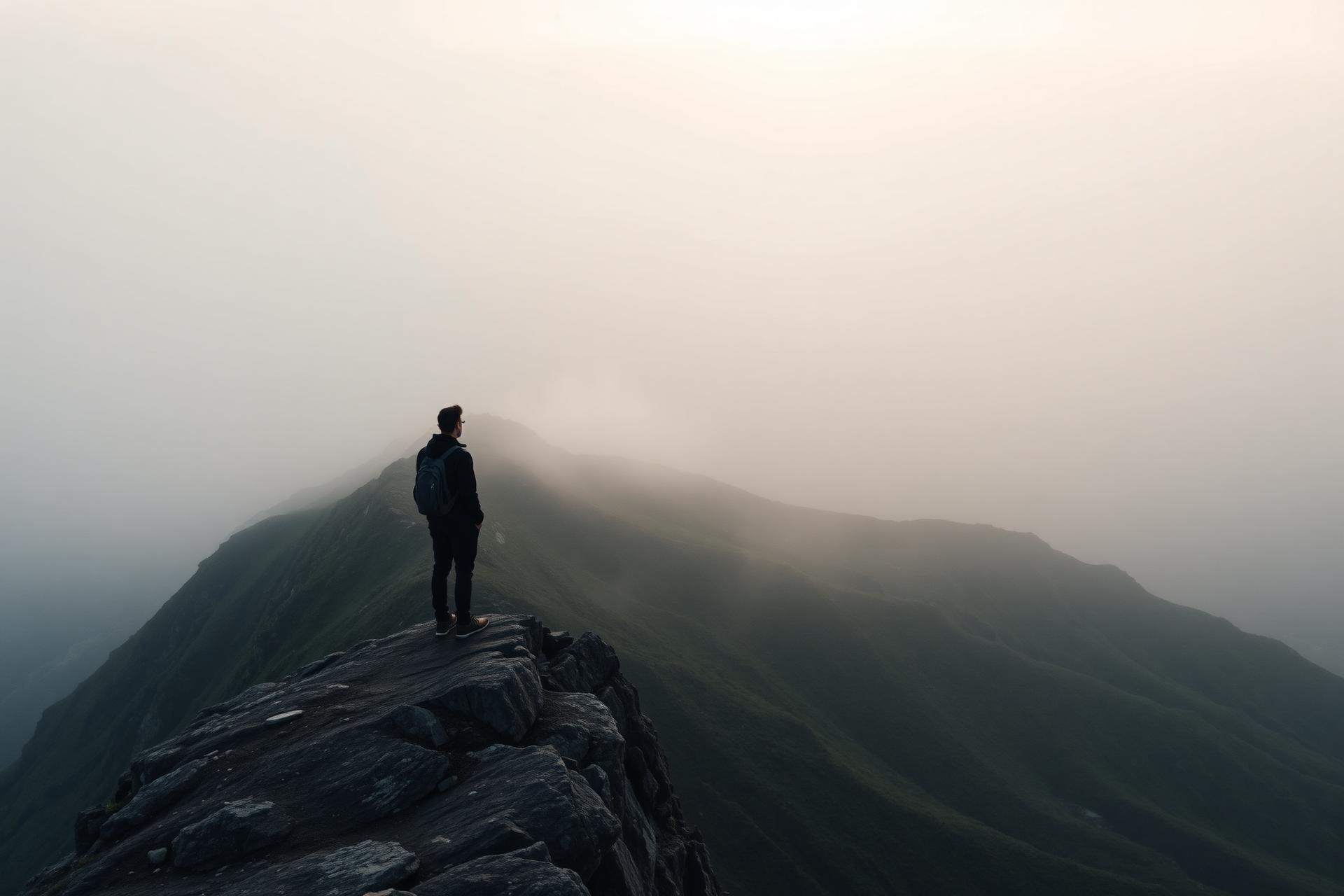 Aventurier sur une crête de montagne dans la brume